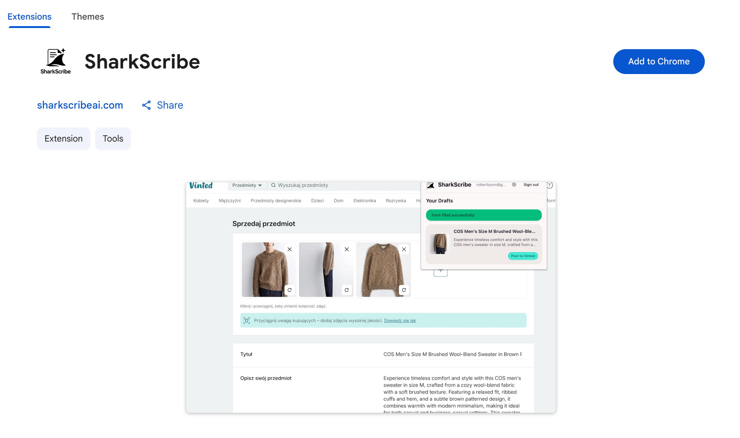 Chrome Web Store page showing SharkScribe extension with Add to Chrome button
