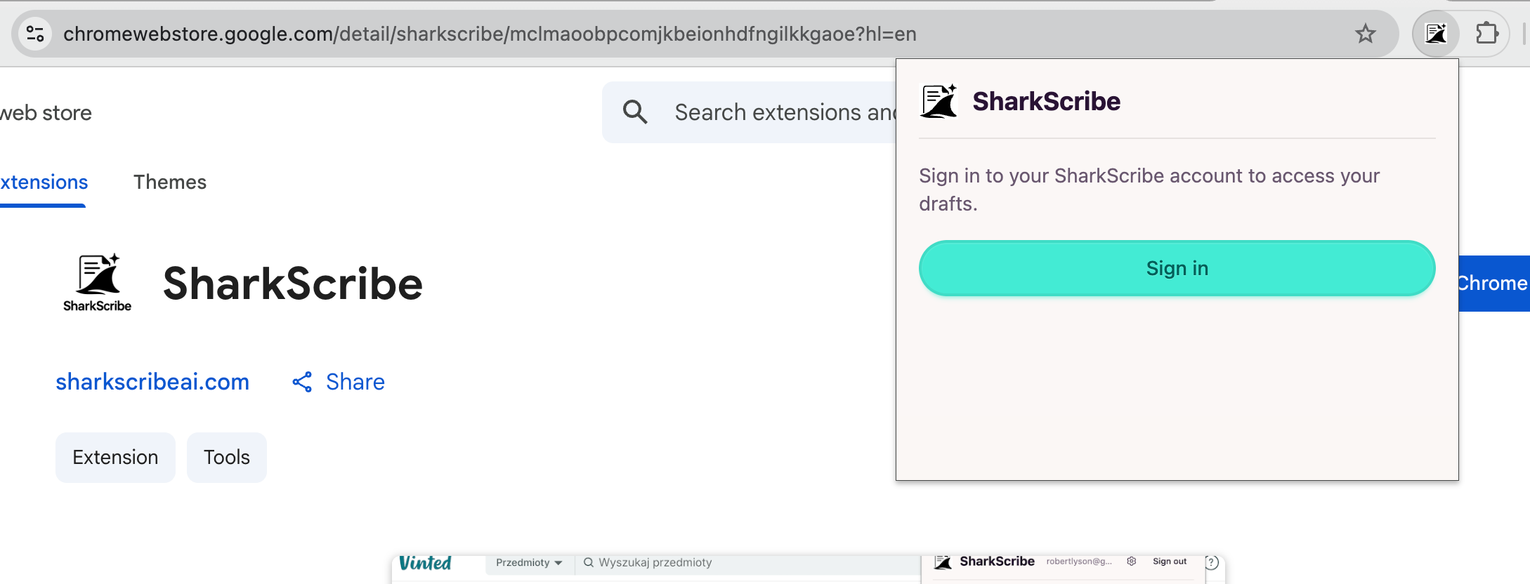 SharkScribe extension popup showing sign-in screen