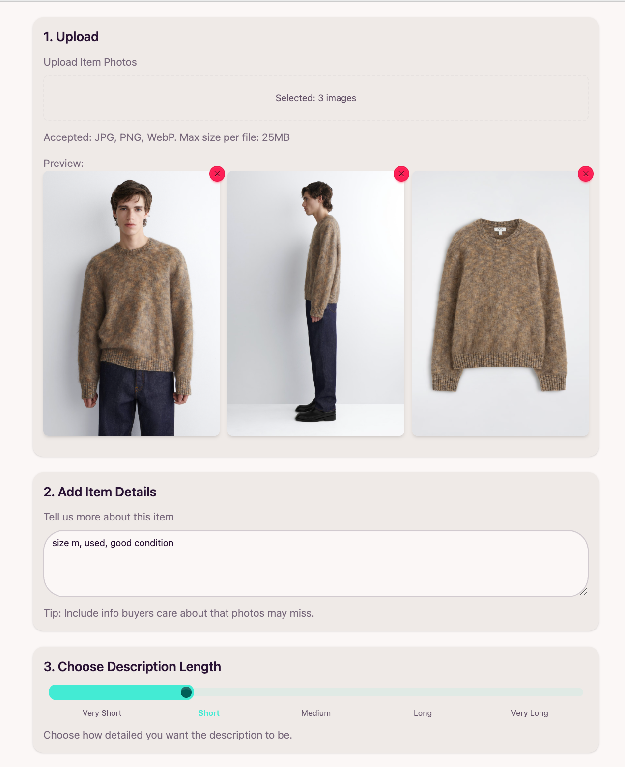 SharkScribe app showing draft creation with AI-generated title and description