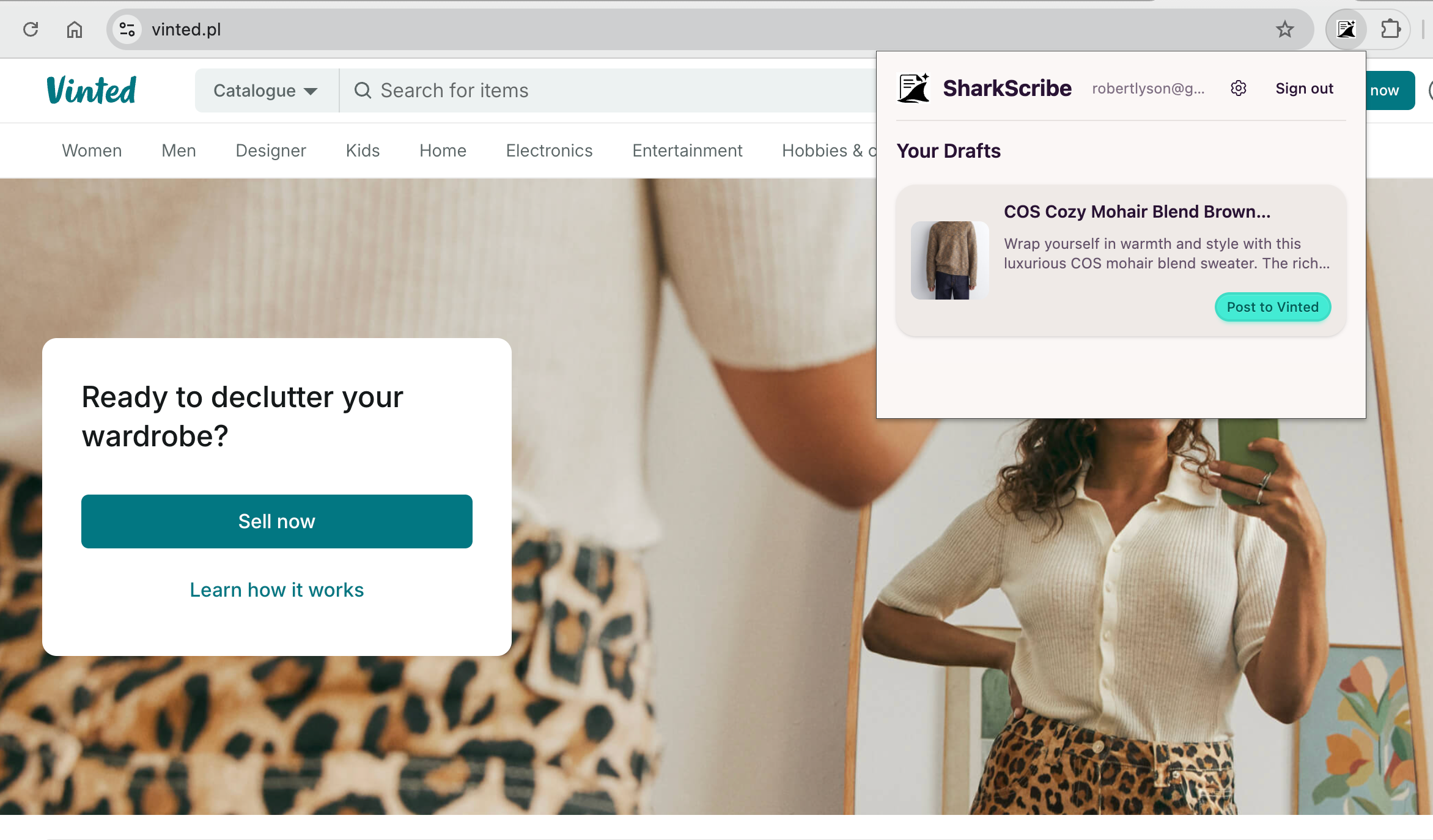 SharkScribe extension popup showing list of saved drafts with Post to Vinted button