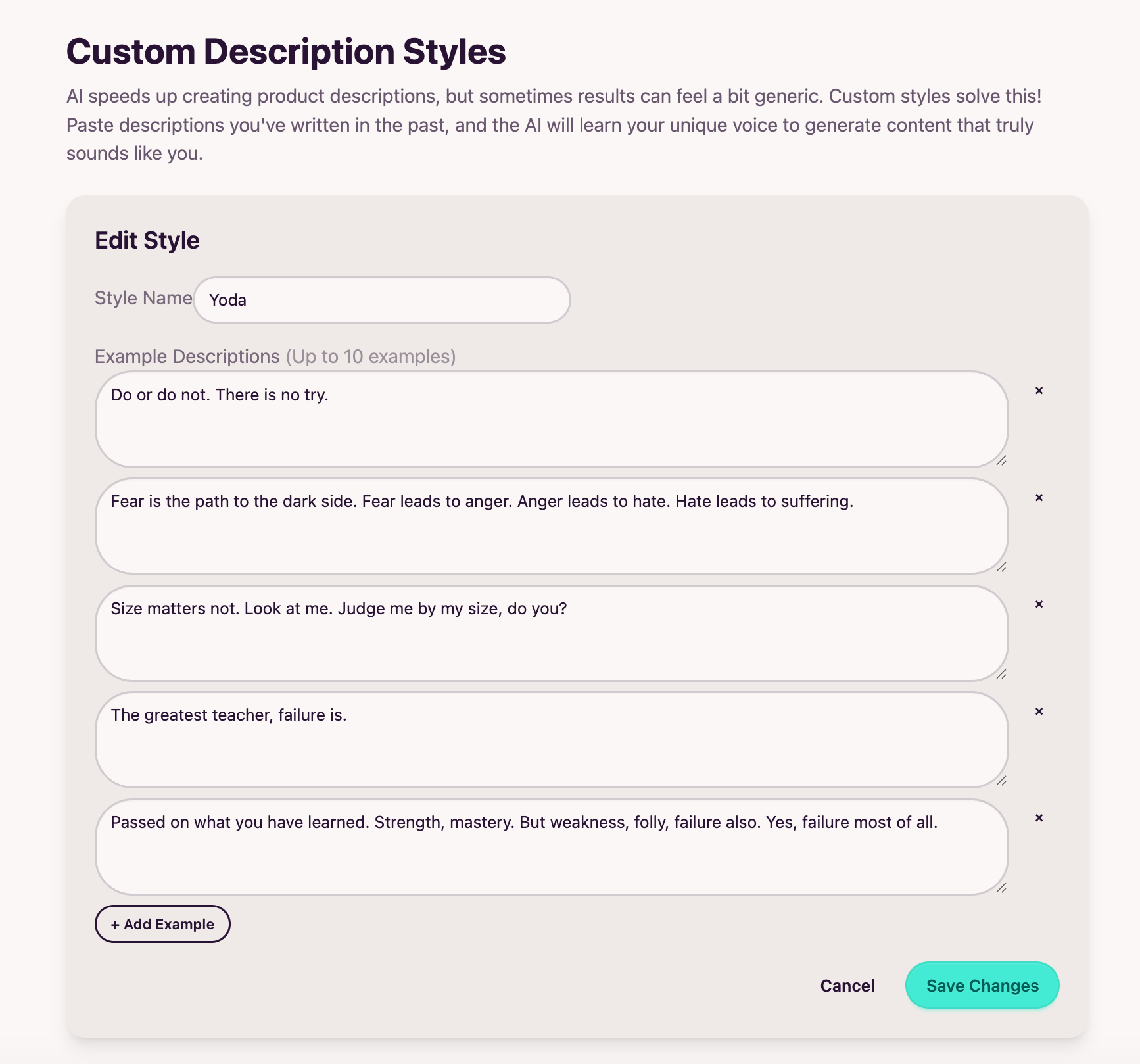 Screenshot showing the custom style creation form in SharkScribe AI