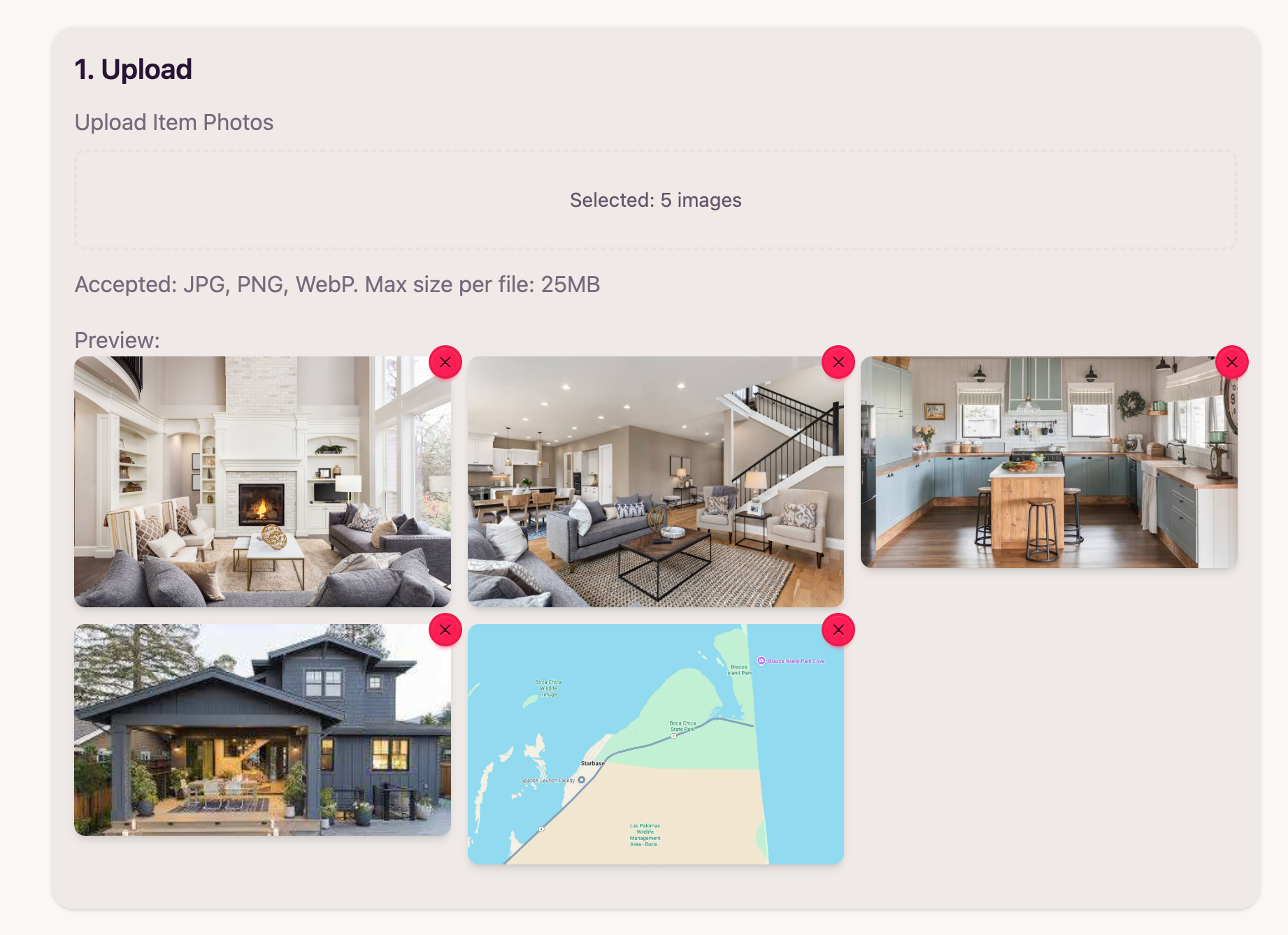 Screenshot showing how to upload property photos in SharkScribe AI