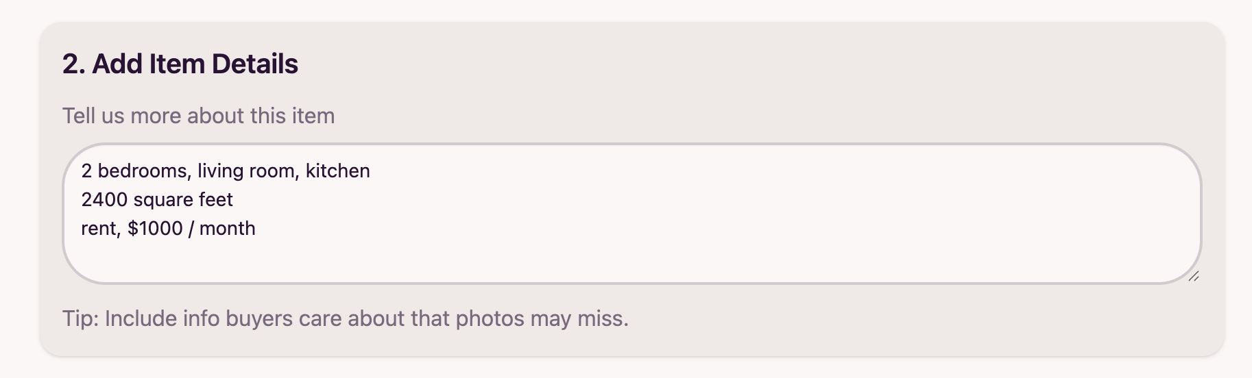 Screenshot showing the 'Add item details' field in SharkScribe AI