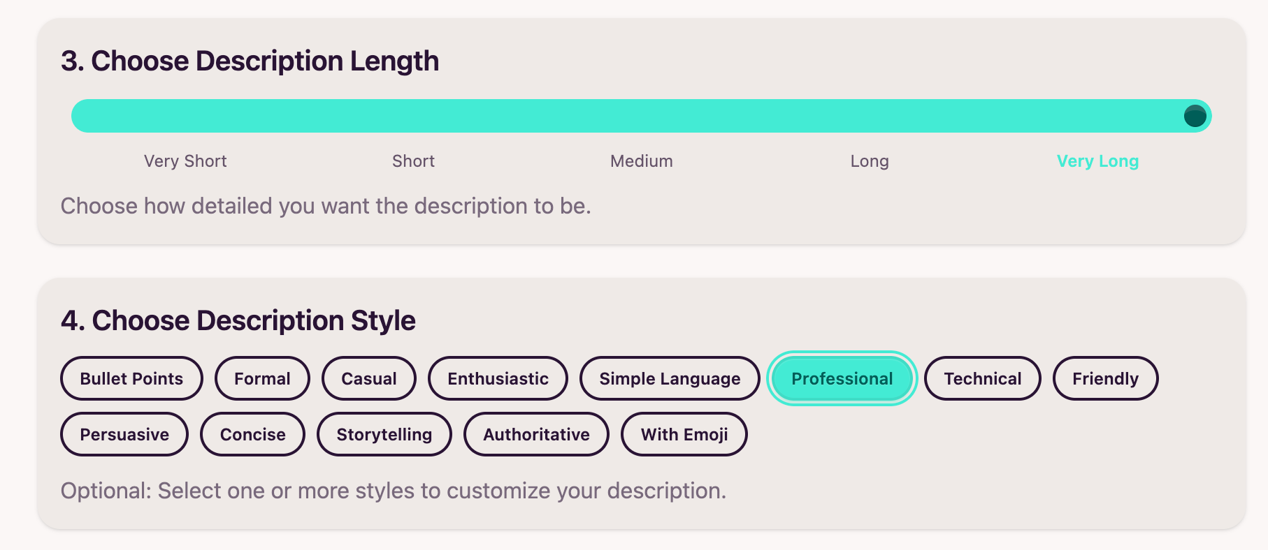 Screenshot showing description style selection in SharkScribe AI