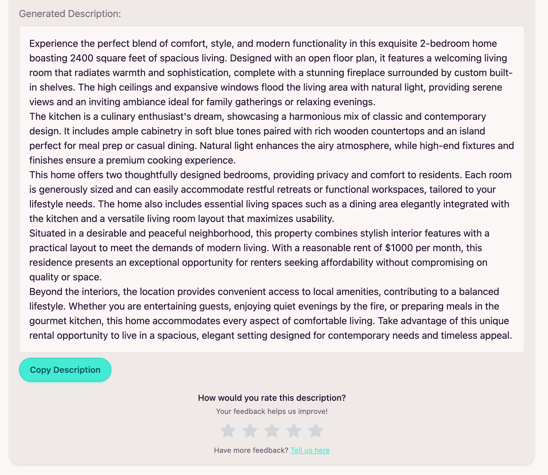 Screenshot showing generated real estate description in SharkScribe AI
