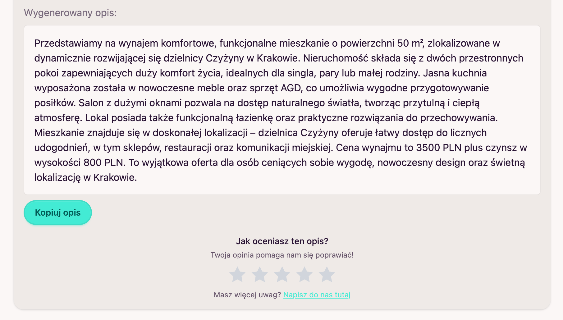 Screenshot pokazujący wygenerowany opis nieruchomości w SharkScribe AI